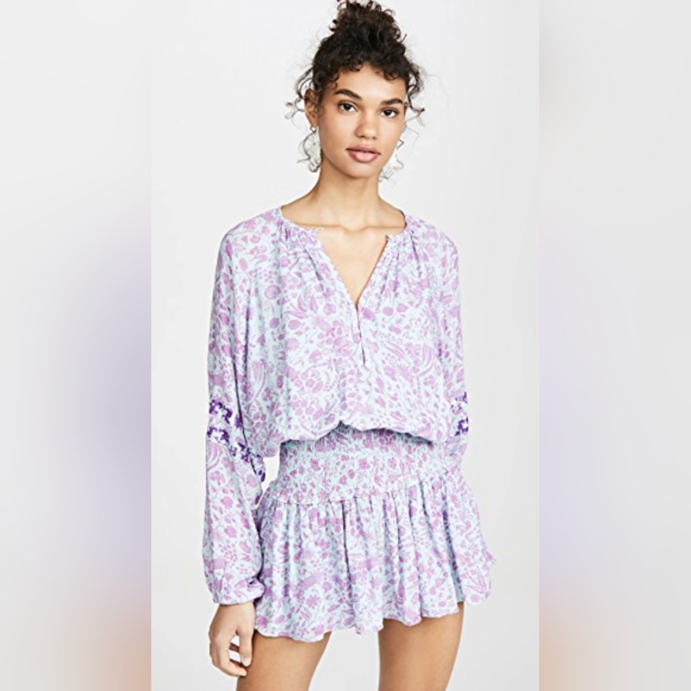 Hemant & Nandita Layla Sky Blue Purple Sequin Floral Tunic Dress Boho xs